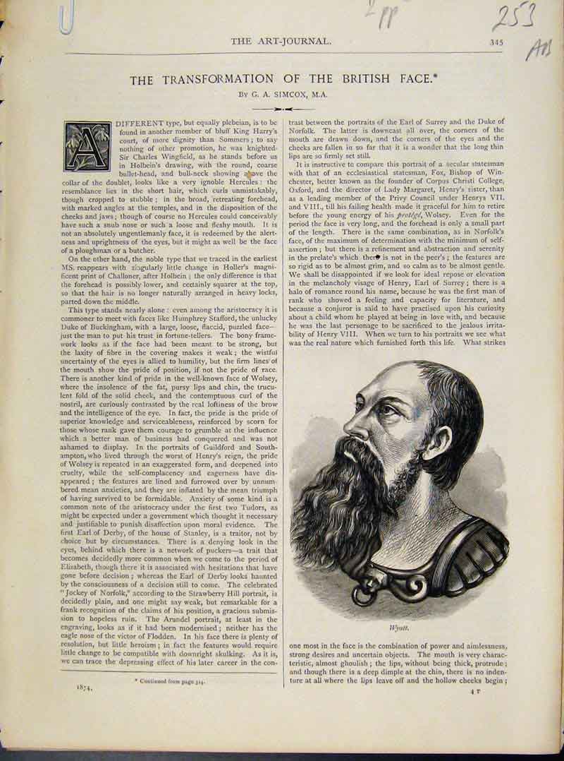 Original Old Antique Print Art Journal Transformatioin British Face C1874 19th