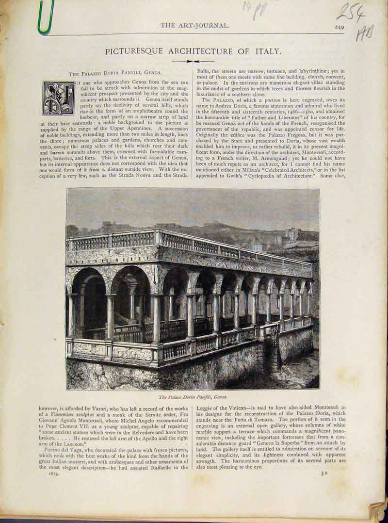 Original Old Antique Print Art Journal Picturesque Awrchitecture Italy C1874