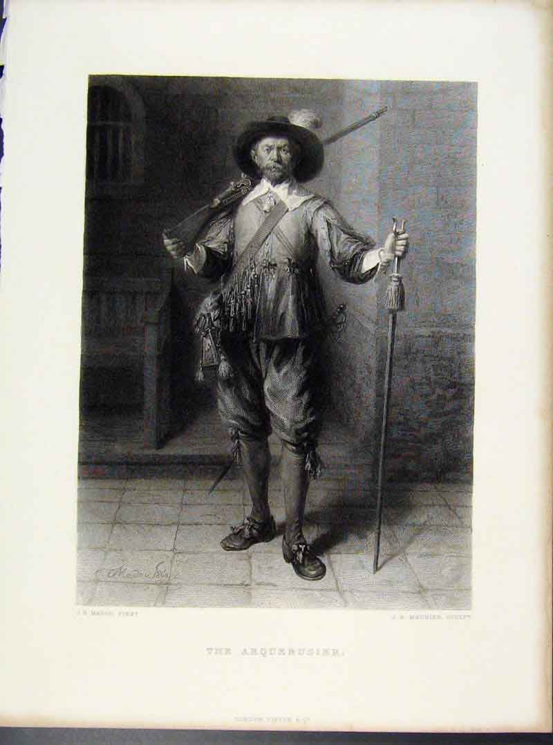 Original Old Antique Print Arquebusier Engraving C1873 By Madou Art Victorian