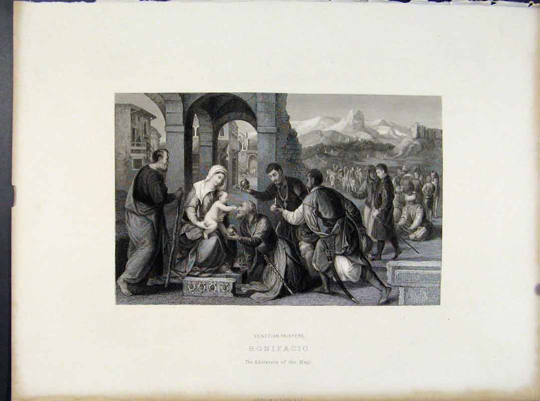 Original Old Antique Print Venetian Painters Bonifacio Adoration The Magi C1873