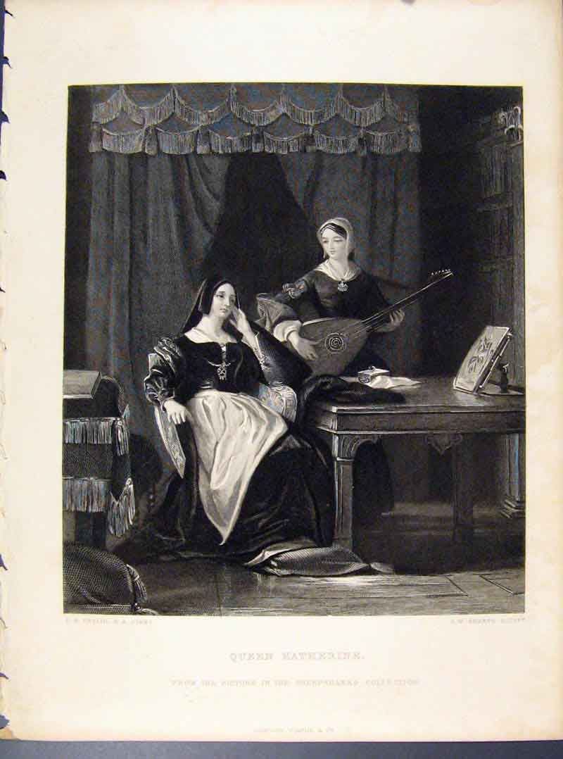 Original Old Antique Print Queen Kaherine C1873 Engraving Art 19th