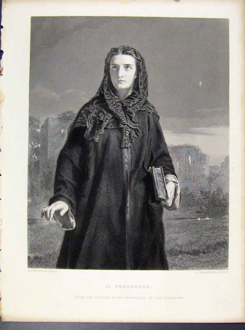 Original Old Antique Print Il Penseroso Steel Engraved Art By Johnston C1873