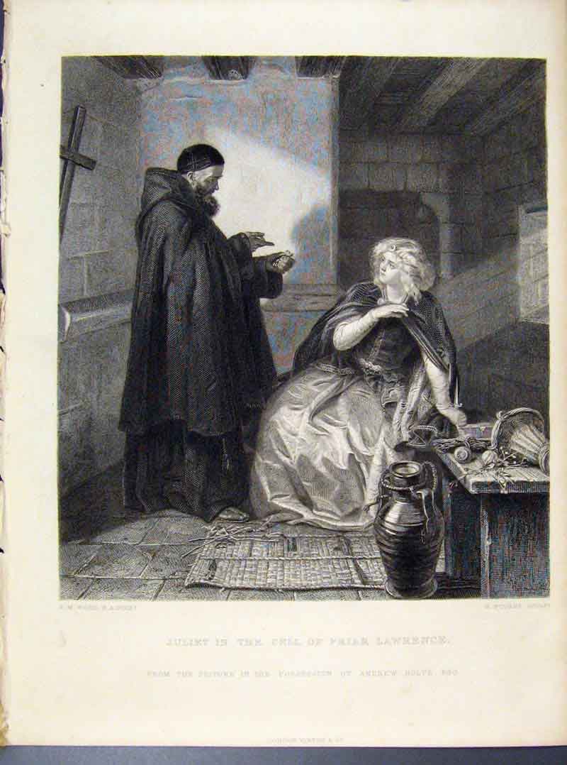 Original Old Antique Print Steel Engraving By Ward Juliet In Cell Friar 1873