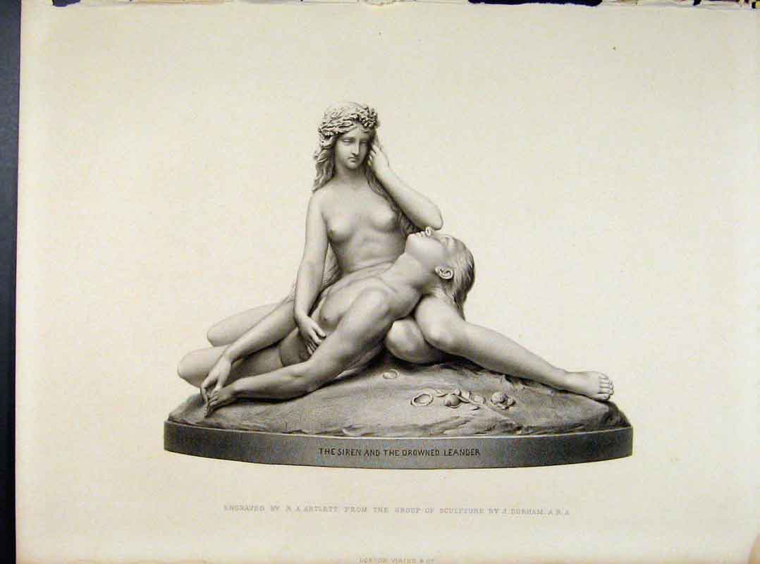 Original Old Antique Print Siren Drowned Leander Engraved Artlett C1873 19th