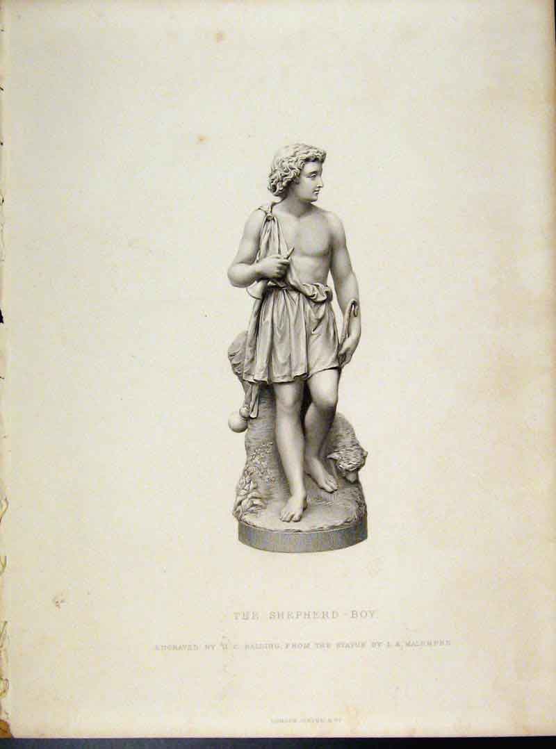 Original Old Antique Print Sheperd Boy Engraving By Balding C1873 19th