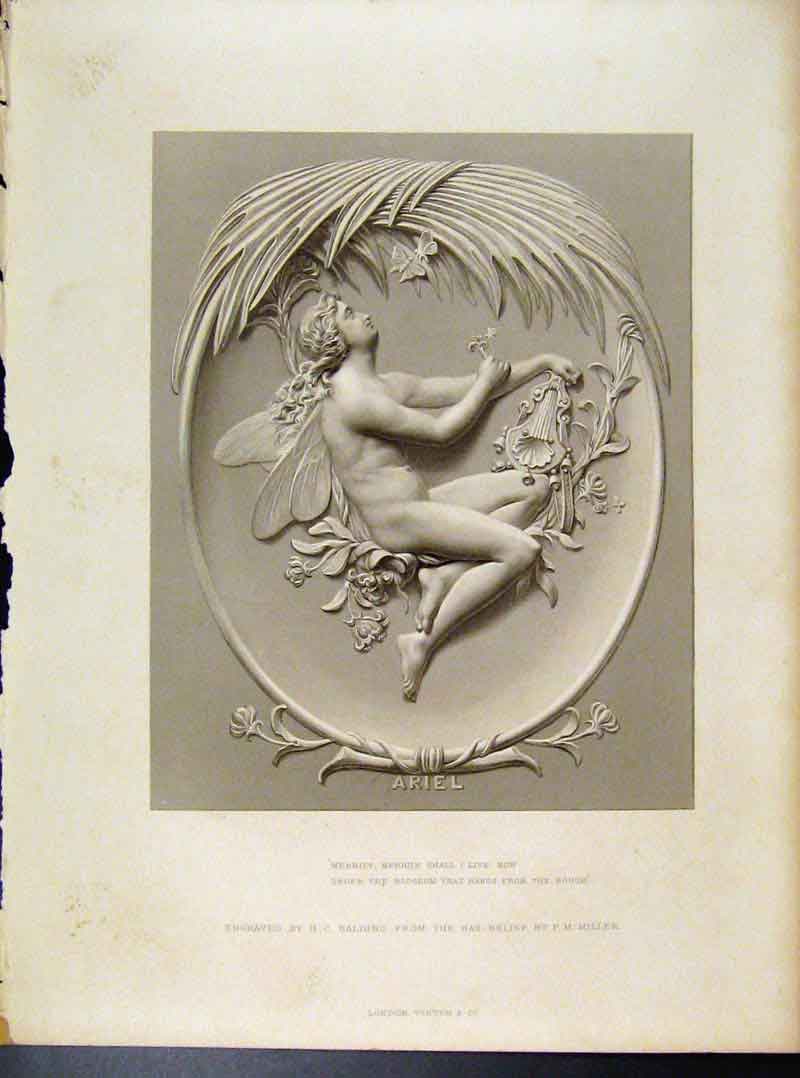 Original Old Antique Print Ariel Steel Engraving By Balding Bas Reilief