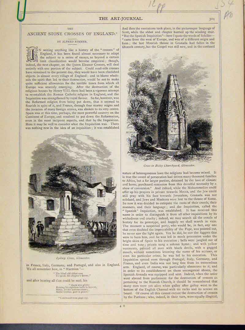 Original Old Antique Print Ancient Stone Crosses England Engravings Art Journal