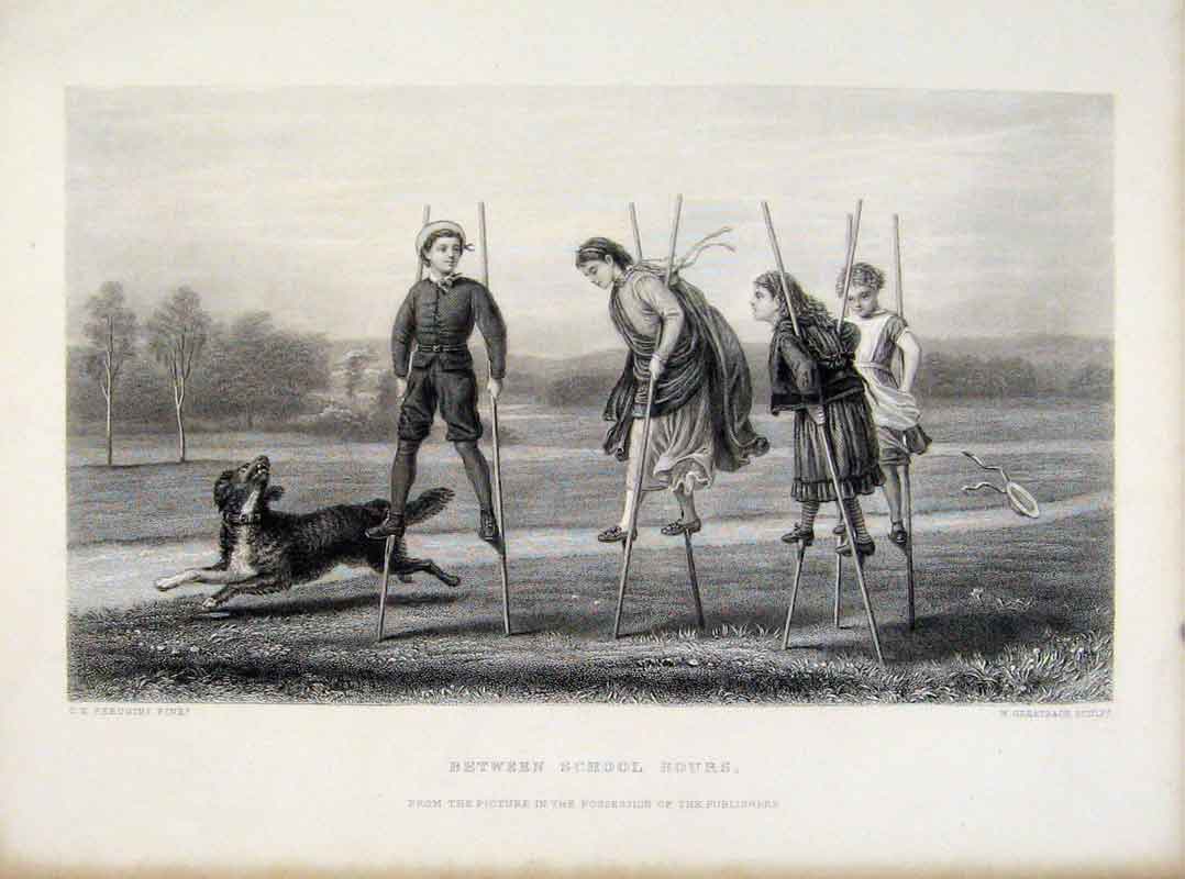Original Old Antique Print Between School Hours Children Stilts C1876 Engraving