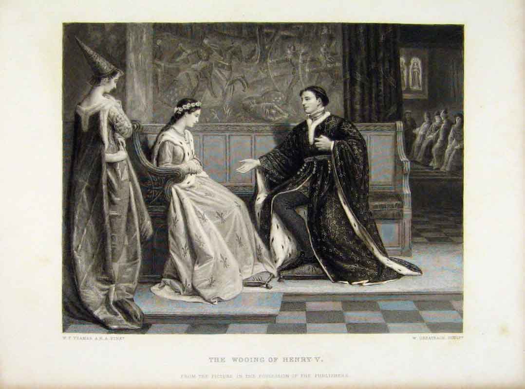 Original Old Antique Print Wooin Henry V C1876 Fine Art Steel Engraving 19th