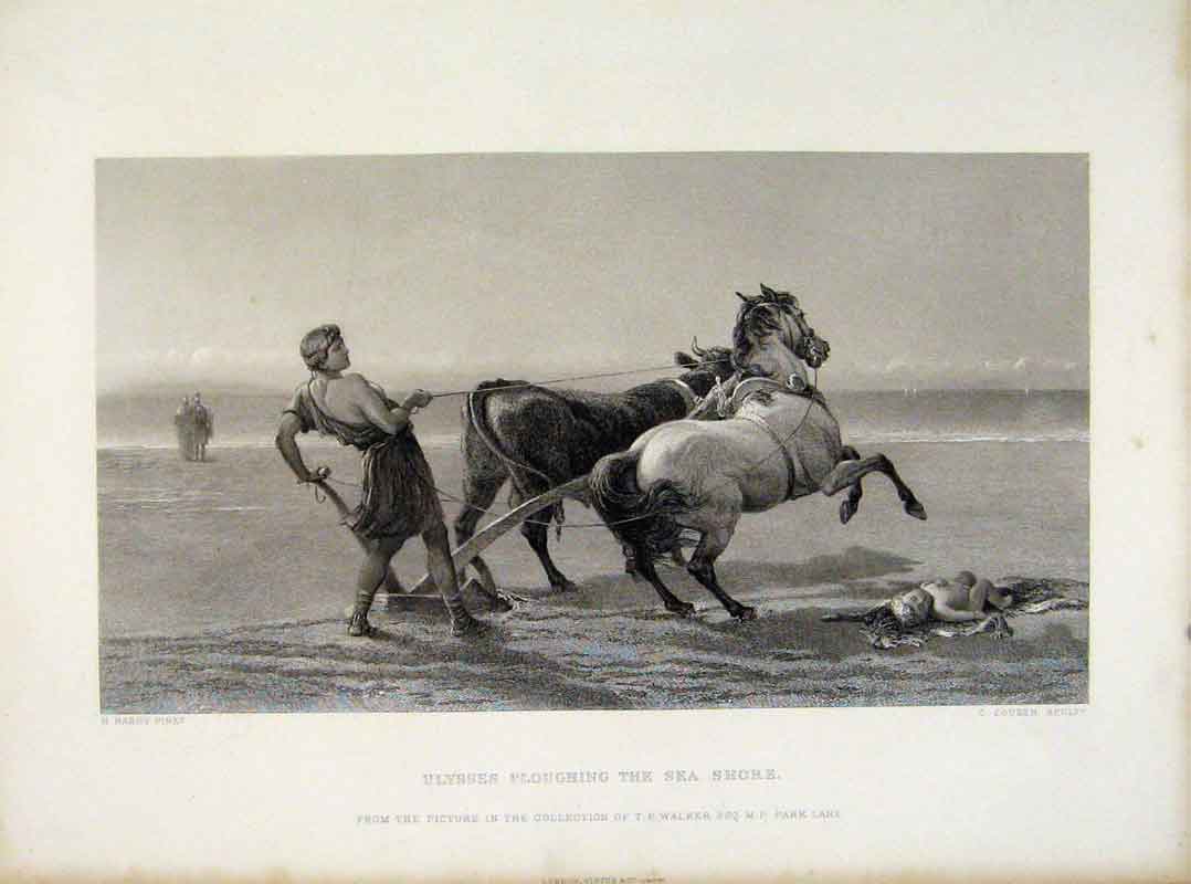 Original Old Antique Print Ulysses Ploughing Sea Shore C1876 Steel Engraving Art