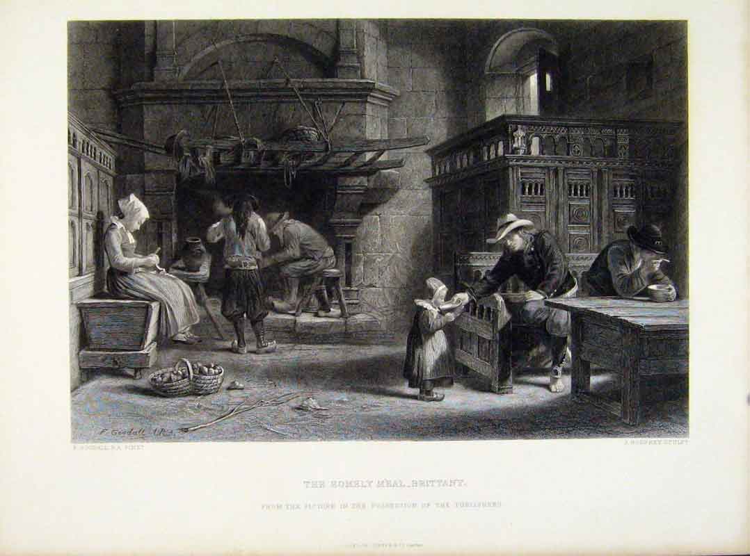 Original Old Antique Print Homely Meal Brittany C1876 Fine Art Steel Engraving