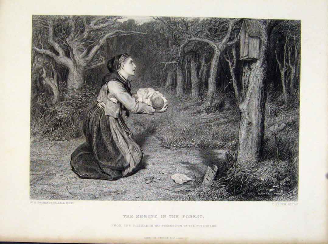 Original Old Antique Print Shrine In The Forest Steel Engraving C1876 Art 19th