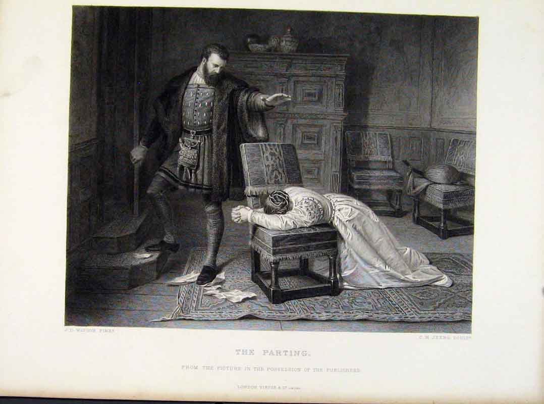 Original Old Antique Print Parting Steel Engraving C1876 Art 19th