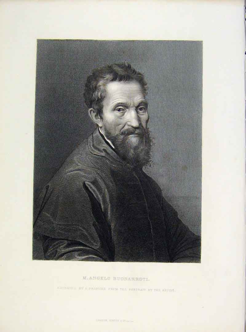 Original Old Antique Print Angelo Buonarroti Portrait C1876 19th