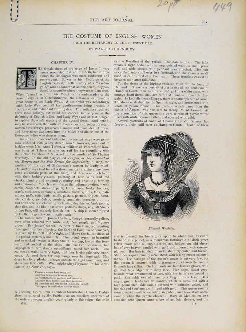 Original Old Antique Print Costume Engish Woman Fine Art C1876 19th