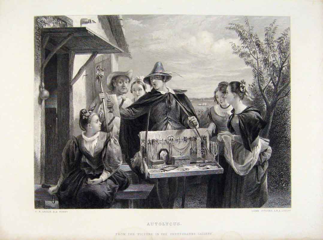 Original Old Antique Print Autolycus Engraved Plate By Leslie C1875 Victorian