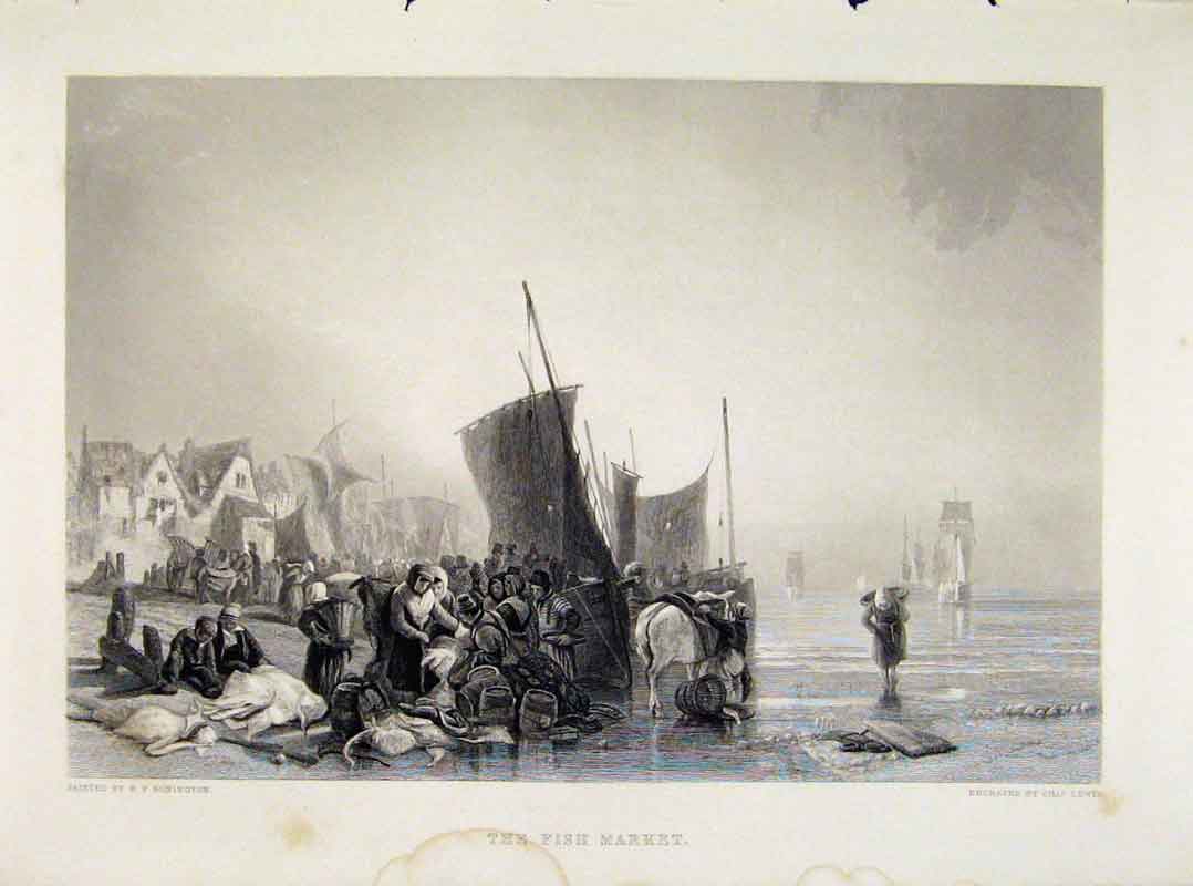 Original Old Antique Print C1875 Engraved Plate By Lewis The Fish Market 19th