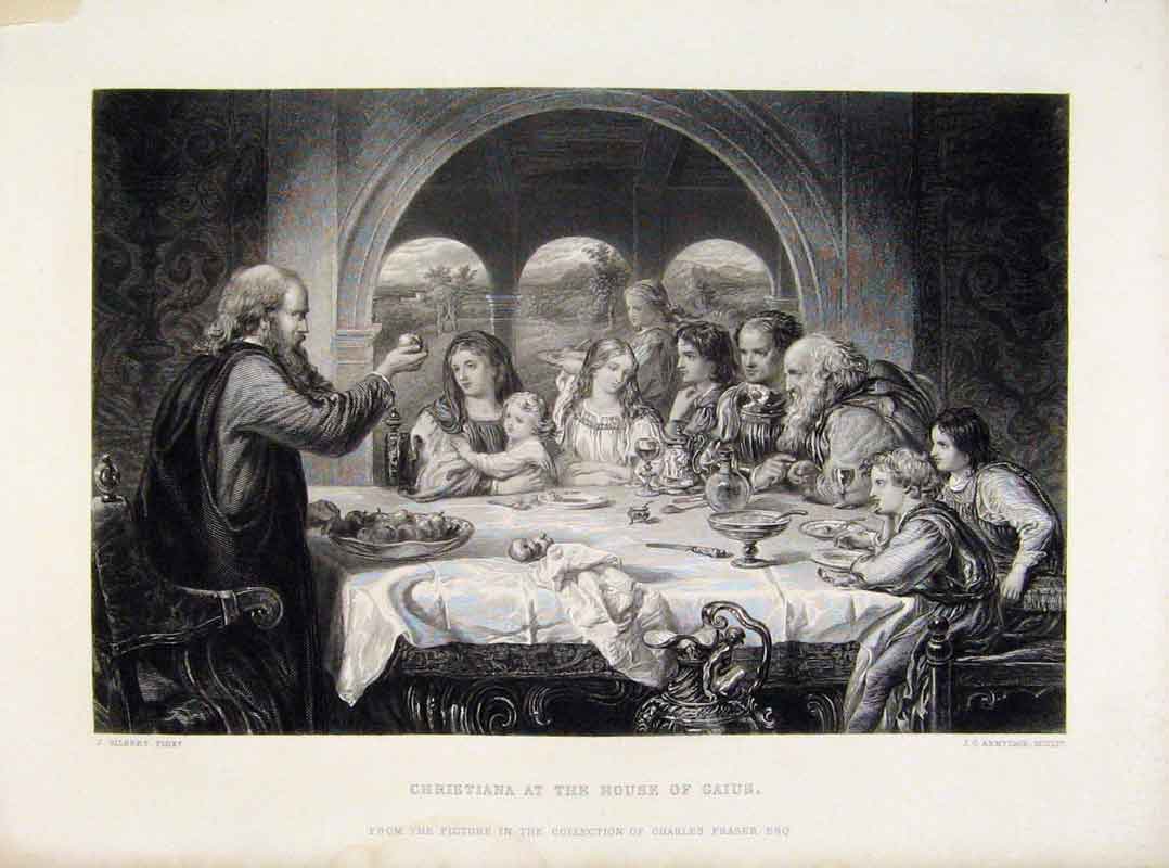 Original Old Antique Print Christiana At The House Gaius Engraved Plate