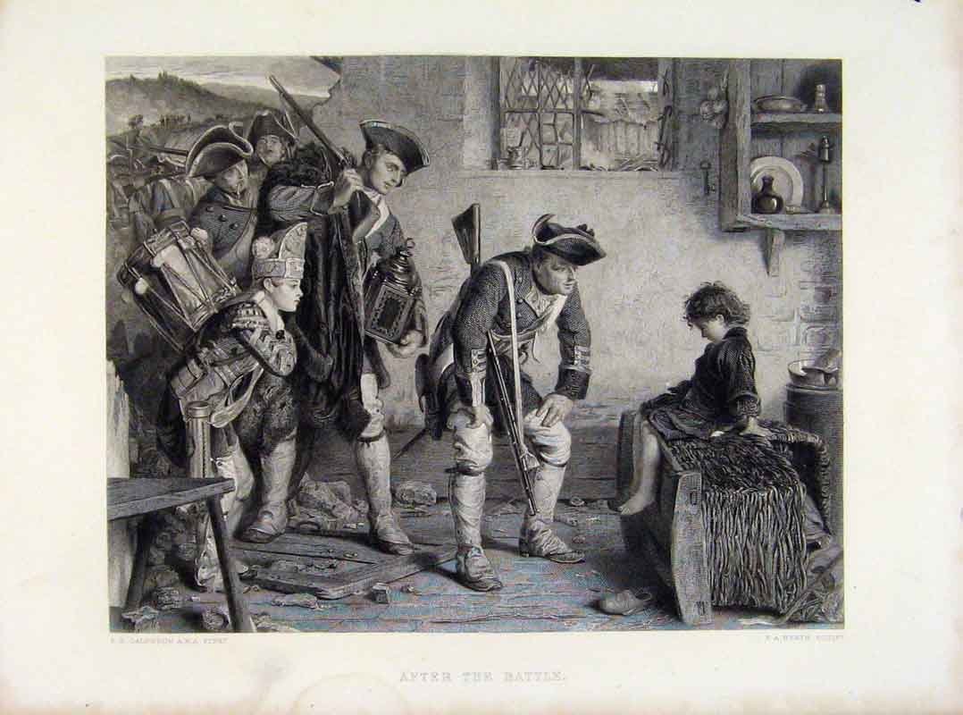 Original Old Antique Print After The Battle Calderon Engraved Plate C1875 19th
