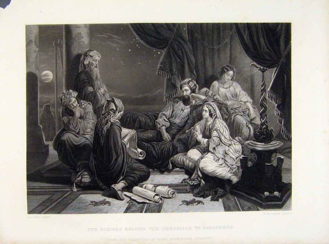 Original Old Antique Print Scribes Reading Chronicle To Ahasuerus C1875 19th