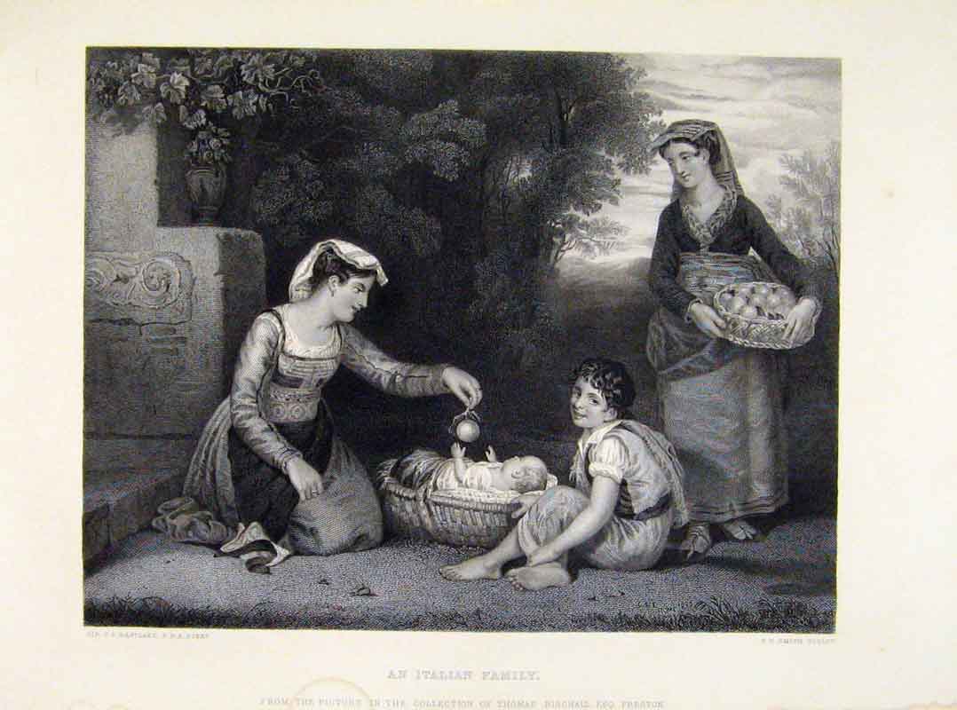 Original Old Antique Print Engraved By Hastlaek C1875 An Italian Family 19th
