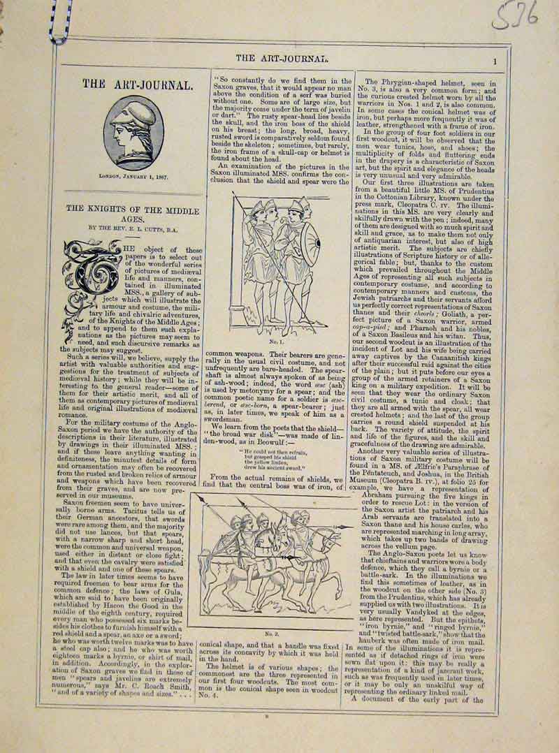 Original Old Antique Print Art Journal Kinghts Middle Ages C1875 19th