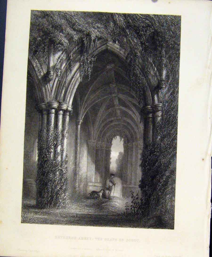 Original Old Antique Print Dryburgh Abbey Grave Scott Engraved Plate By Miller