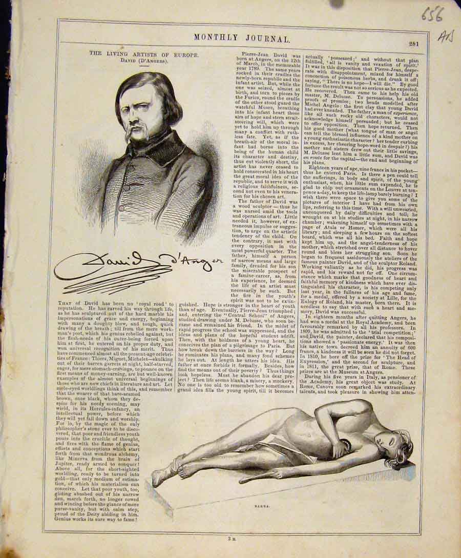Original Old Antique Print David Dangers Portrait Artist Art Union C1847 19th