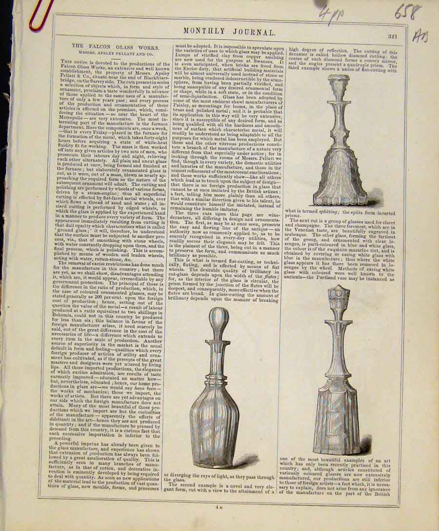 Original Old Antique Print Falcon Galss Works C1847 Art Union 19th