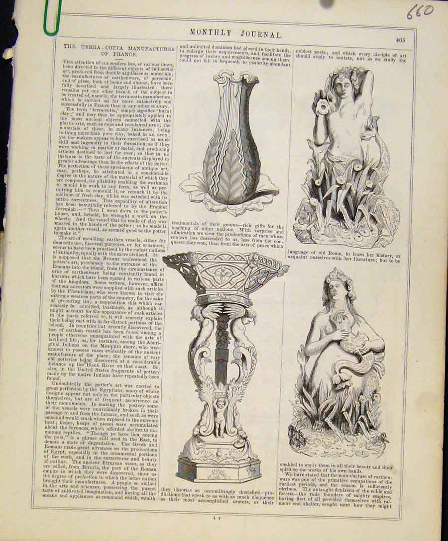 Original Old Antique Print Terra Cotta Manufactures France C1847 Art Union 19th