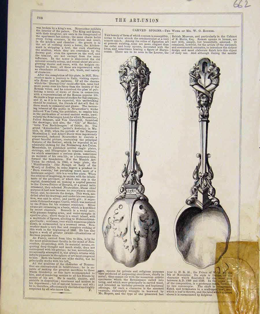 Original Old Antique Print Art Union C1847 Carved Spoons By Rogers Victorian