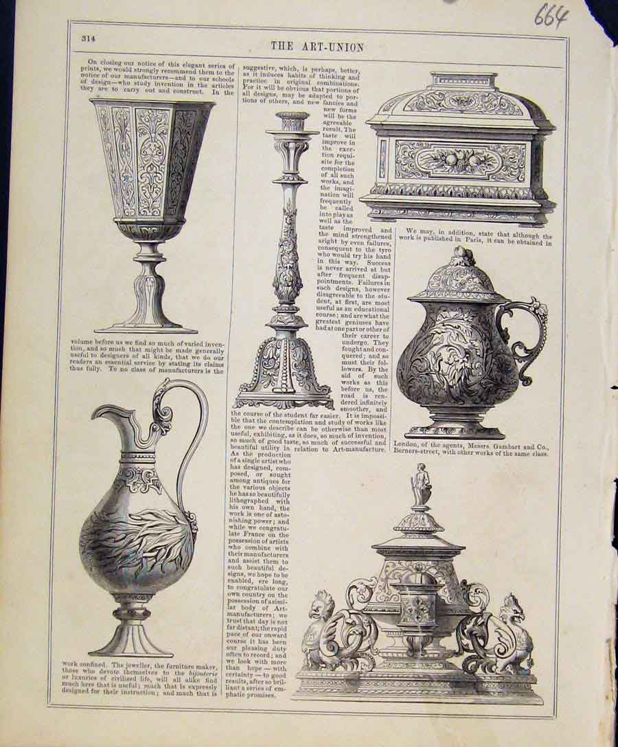 Original Old Antique Print Art Union Silver Cream Jug Ornaments C1847 Victorian