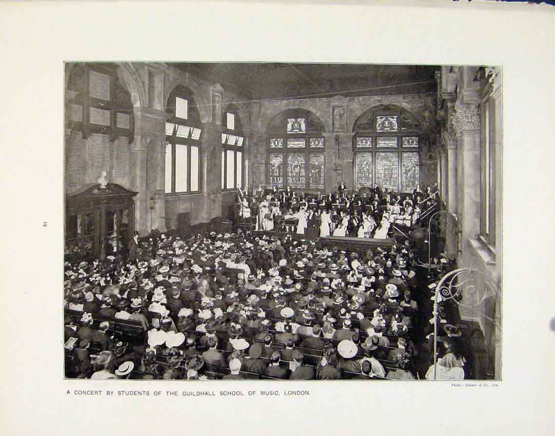 Old Antique Print Concert Guildhall Music School London Glasgo University 20th