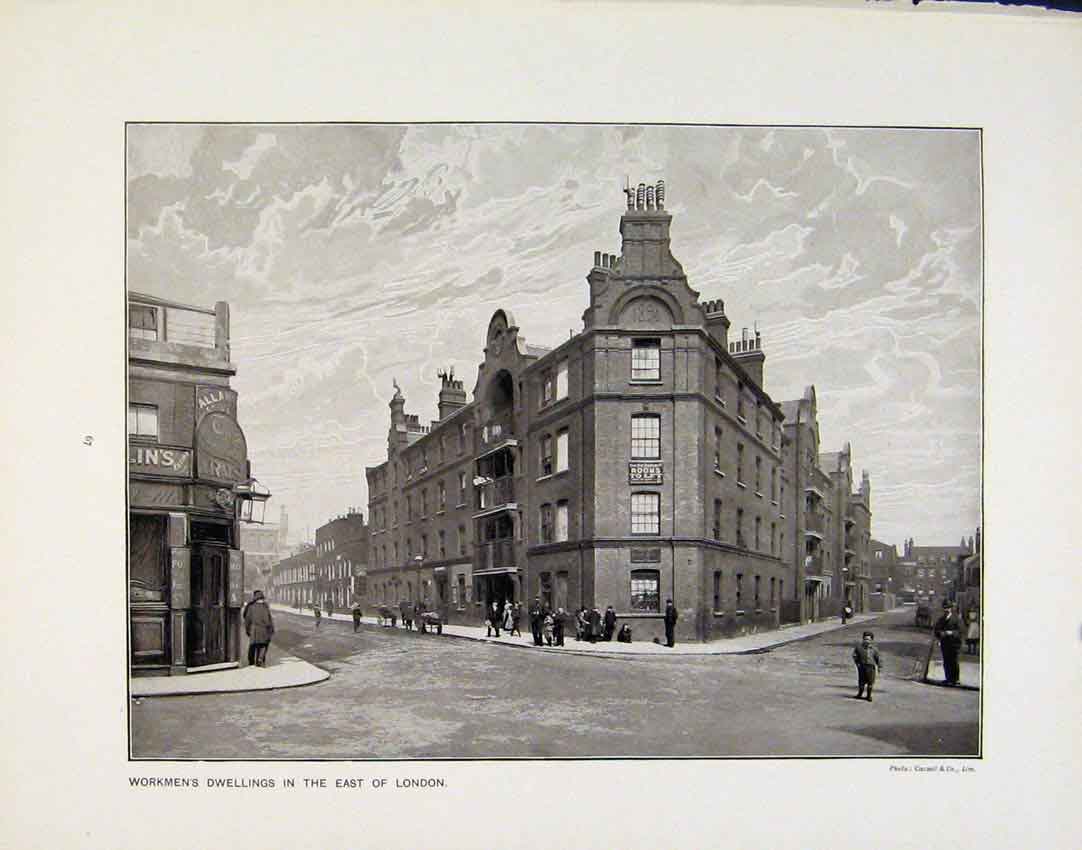 Original Old Antique Print Workmens Dwellings East London South Inidan Village
