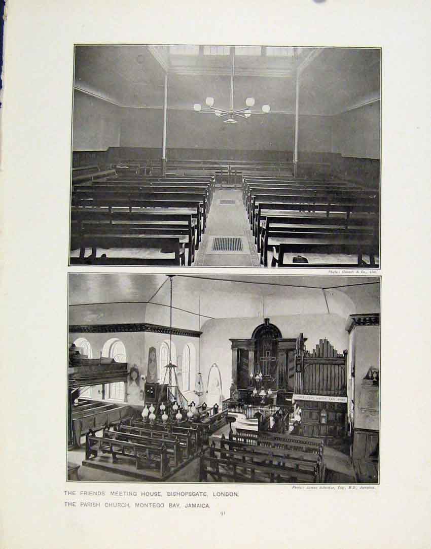 Original Old Antique Print Bishopsgate London Church Jamaica Cathedral Sydney