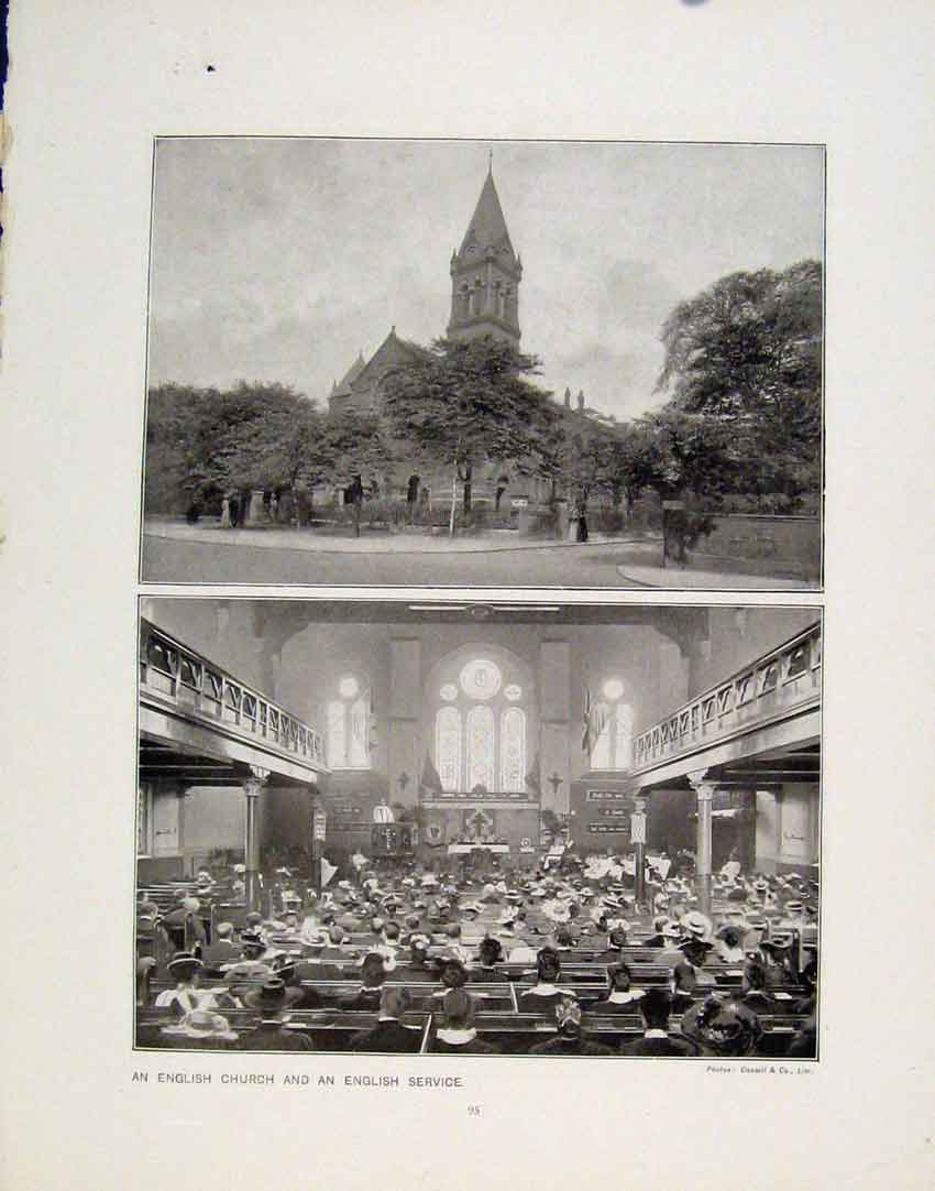 Original Old Antique Print English Church Service Ladysmith View Photo Art