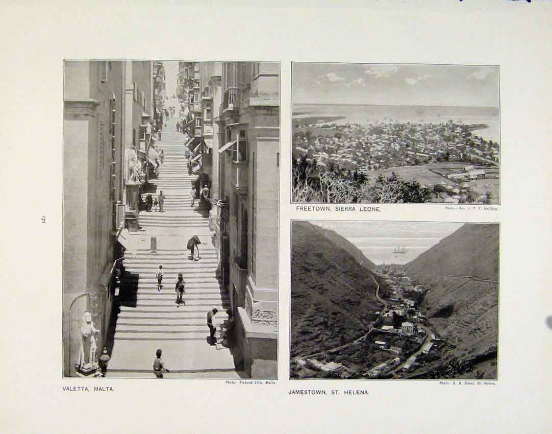 Old Antique Print Valetta Malta Jamestown St Helena Covent Garden London