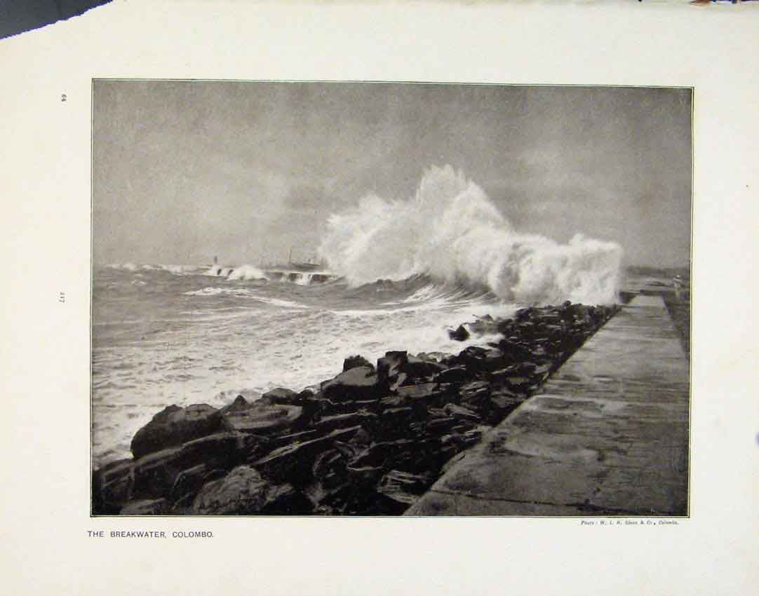 Original Old Antique Print Breakwater Colombo Work Great English Railway Photo