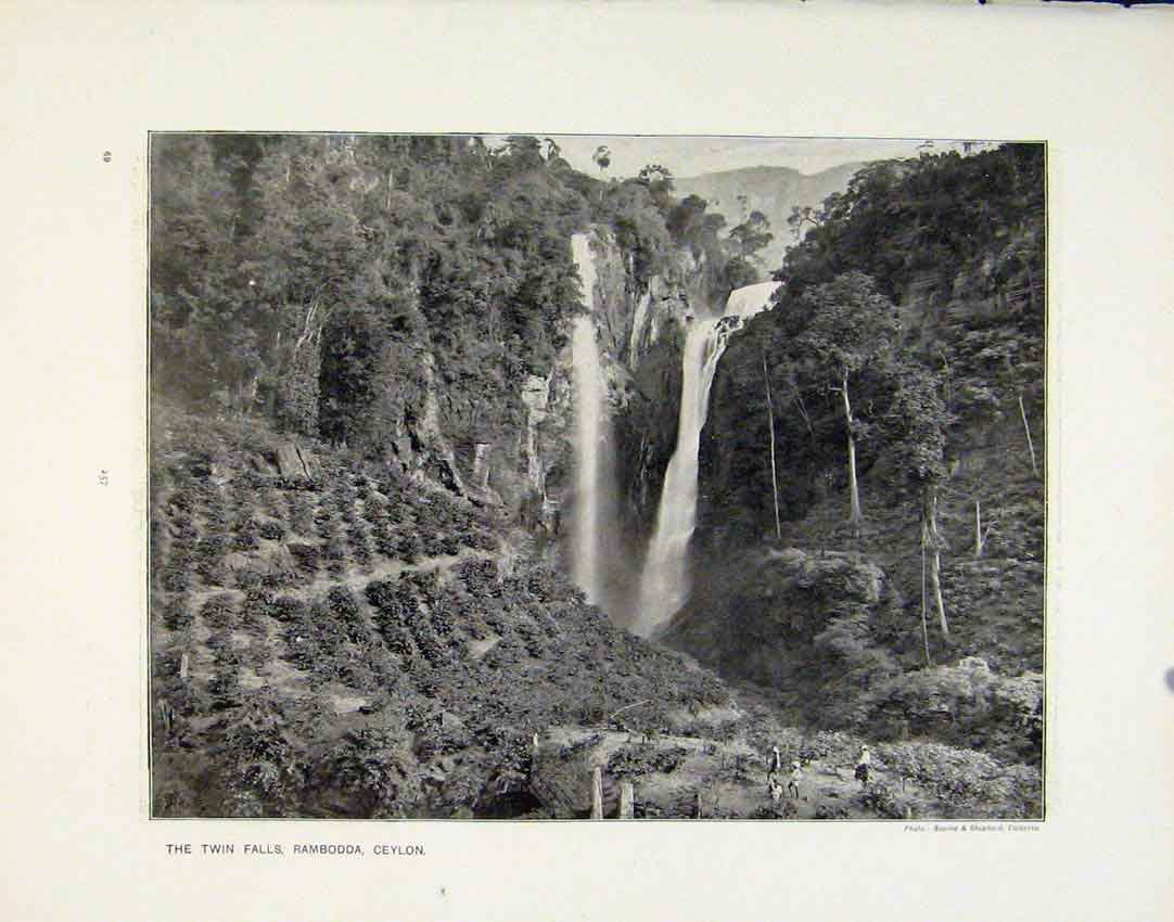 Original Old Antique Print Twin Falls Rambodda Ceylon Emerald Isle New Zealand