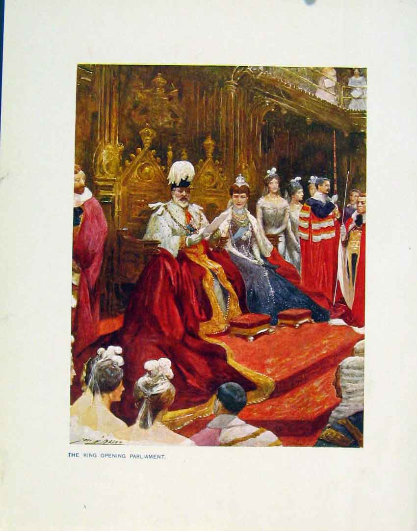 Original Old Antique Print Colored Plate King Opening Parliament 19th Century