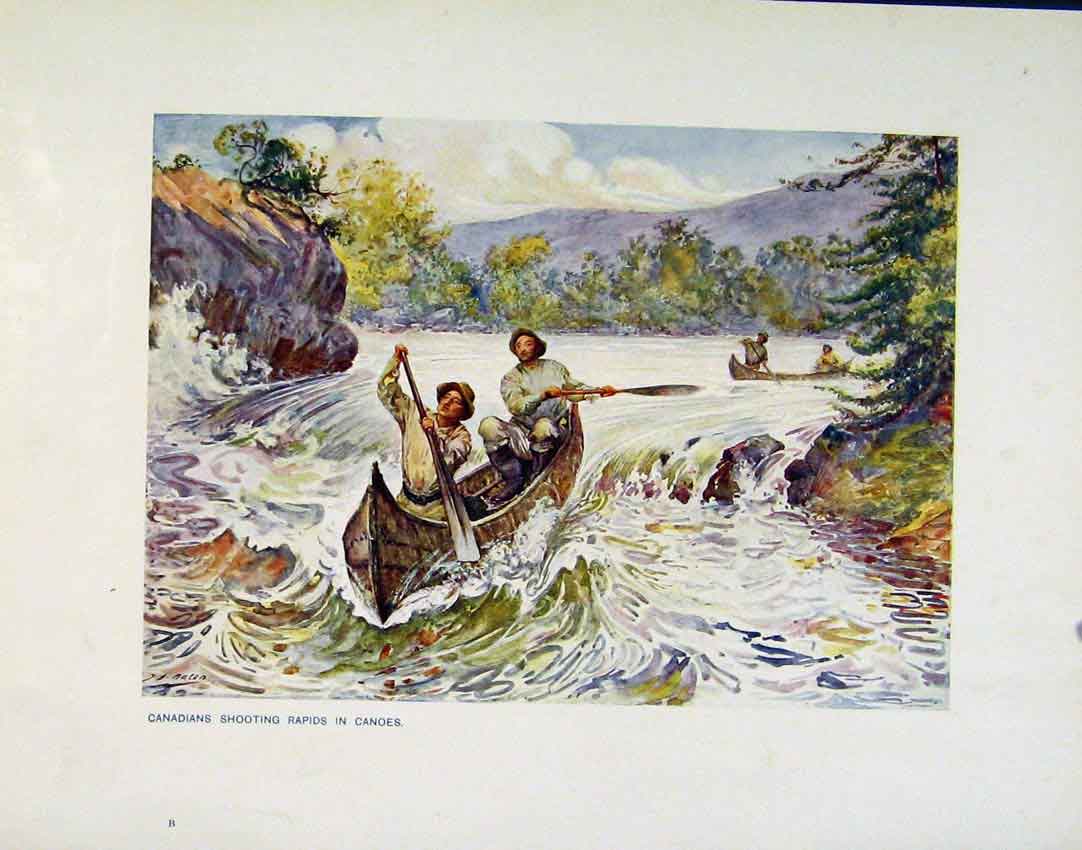 Original Old Antique Print Canadians Shooting Rapids Canoes Fine Art
