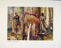 Original Old Antique Print Fine Art Color Lumermen Cutting Timber