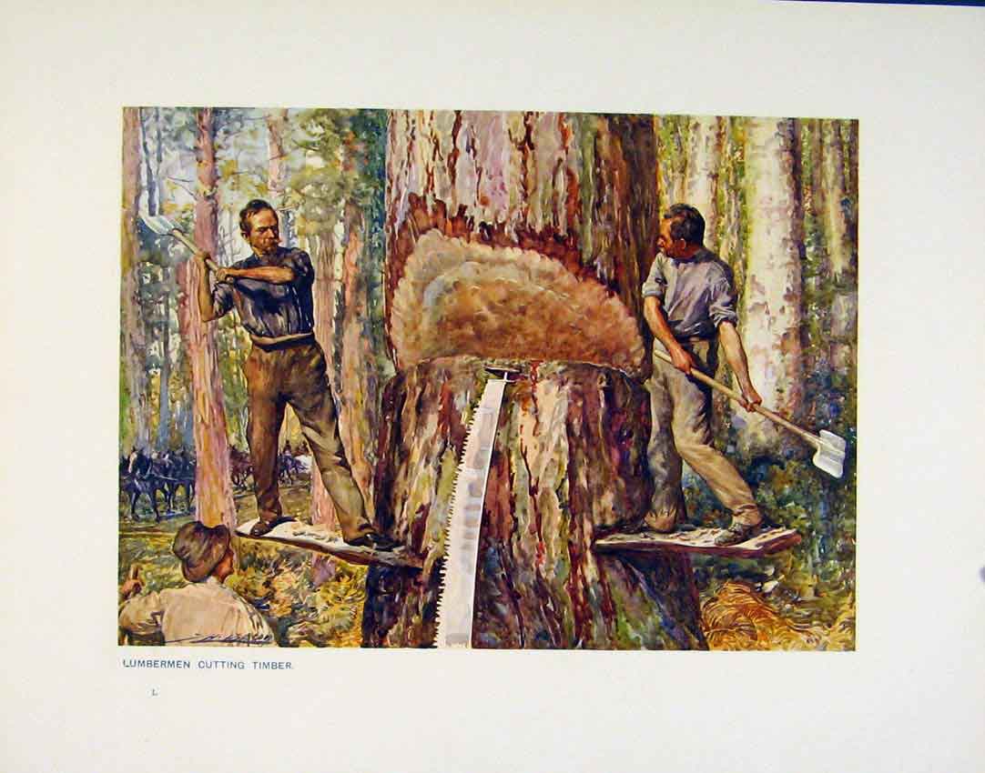 Original Old Antique Print Fine Art Color Lumermen Cutting Timber
