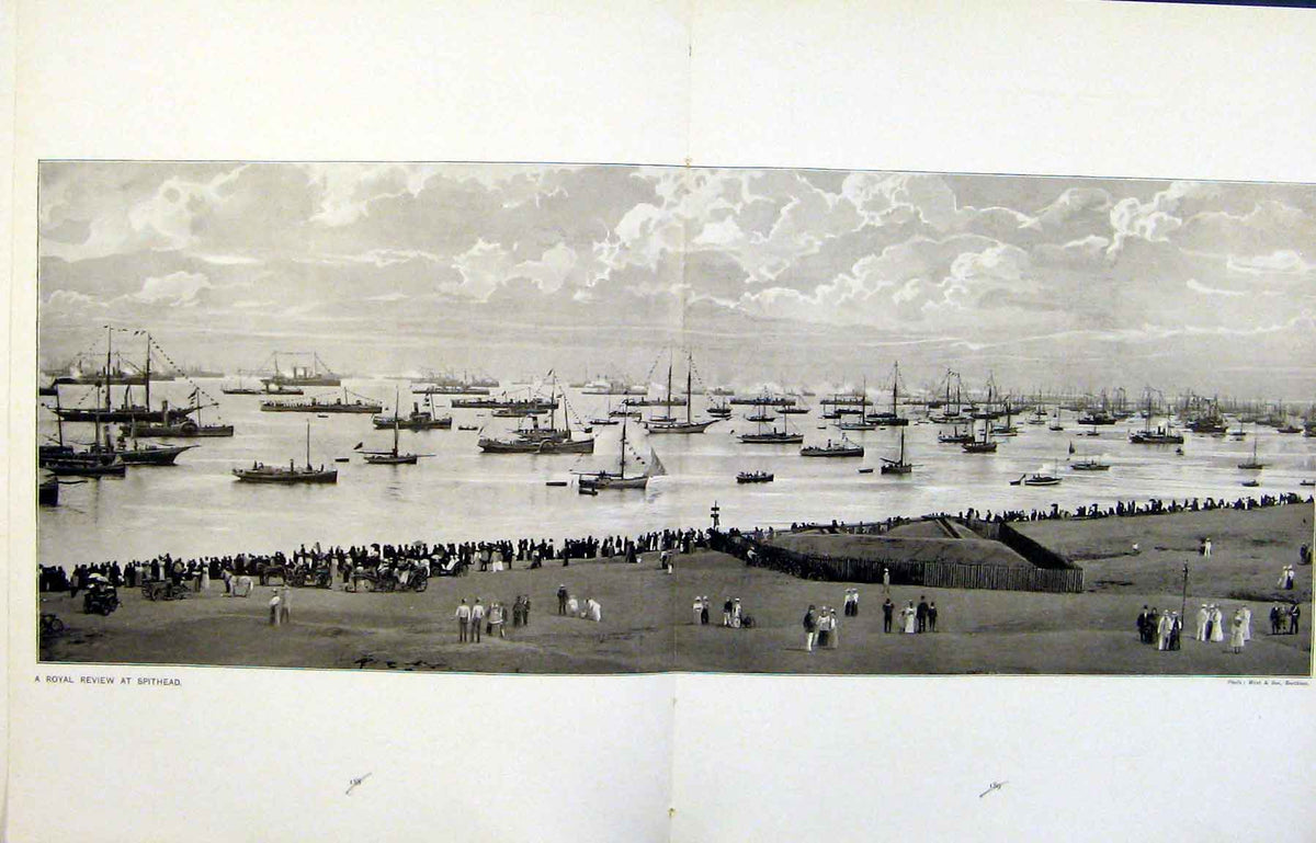 Original Old Antique Print Roya Review Spithead Panoramic View C1910 20th