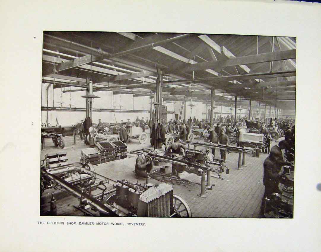 Original Old Antique Print Erecting Shop Saimler Motor Conventry Natal Laundry