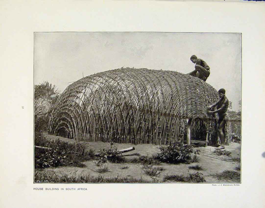 Original Old Antique Print Women Workers Cycle Factory House Building Africa