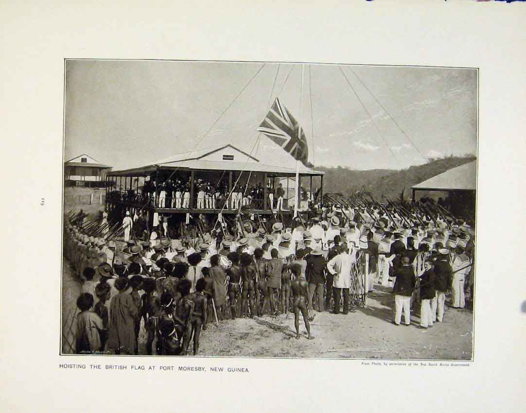 Antique Old Print British Flag Moresby New Guinea Council Hall Malta 1911 20th