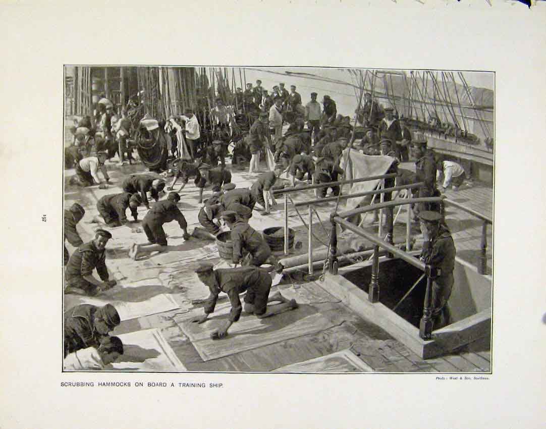Old Antique Print Scrubbing Hammocks Training Ship Boom Harbour Portland