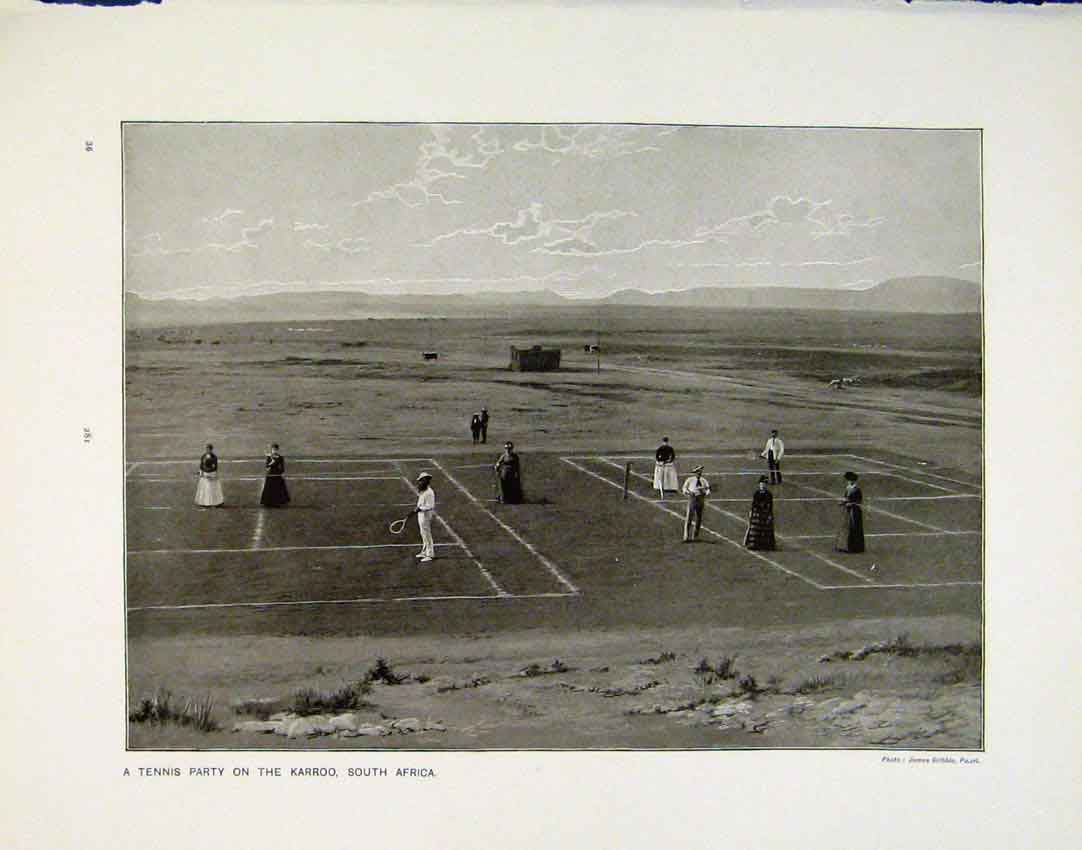 Old Antique Print Tennis Party Karroo Soiuth Afirca Snake Charmers India