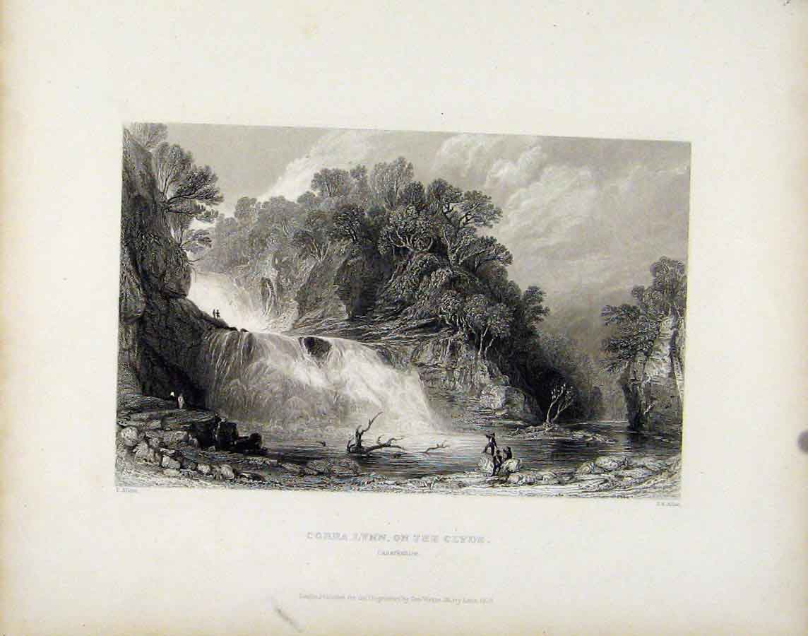 Original Old Antique Print Corra Lynn Clyde River Lanarshire Scotland